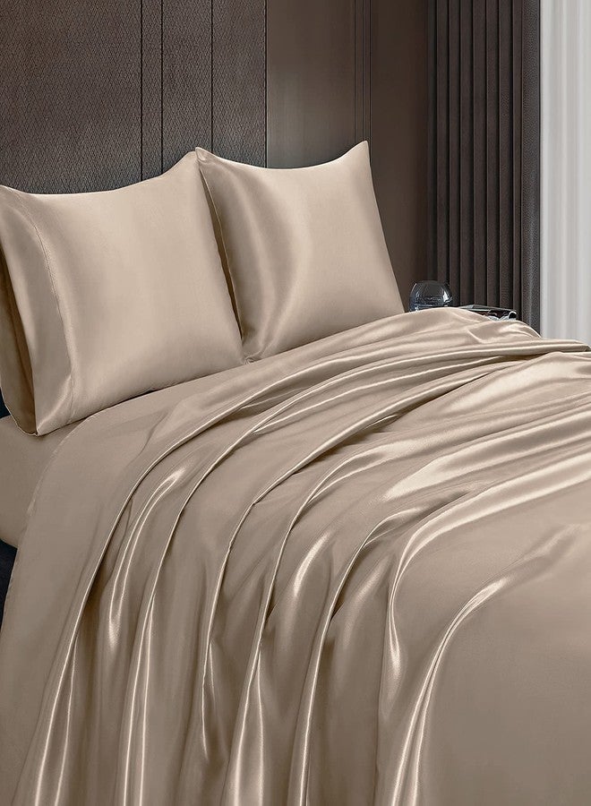 Homiest 4pcs Satin Sheets Set Luxury Silky Satin Bedding Set with Deep Pocket, 1 Fitted Sheet + 1 Flat Sheet + 2 Pillowcases (Cal King Size, Taupe) - Image 4